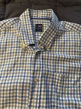 T. Harris London Button Up Shirt Mens X-Large Blue Gray Plaid 100% Cotton Soft